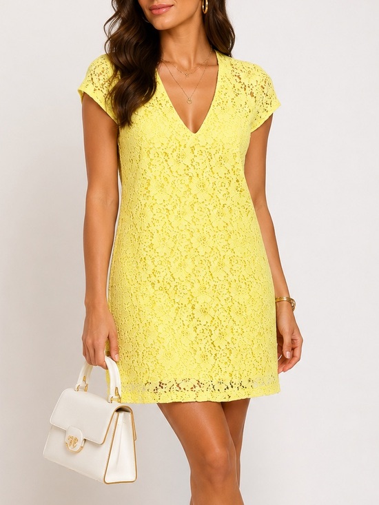 Zara Dresses & Skirts - ZARA Lemon Yellow Floral Lace V-Neck Cap Sleeve Shift Summer Dress Size Small